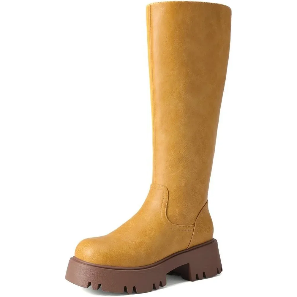 Women's Yellow Knee High Round-Toe Side Zip Stylish Comfortable Chunky Heel Boot